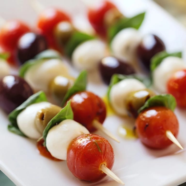 Festive Christmas Lights Olive and Tomato Skewers with fresh basil and mozzarella look delicious and ready to eat.