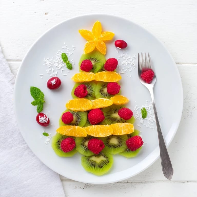 Sweet kiwi slices and ruby-red raspberries form this beautiful Christmas tree fruit plate with fresh mint.