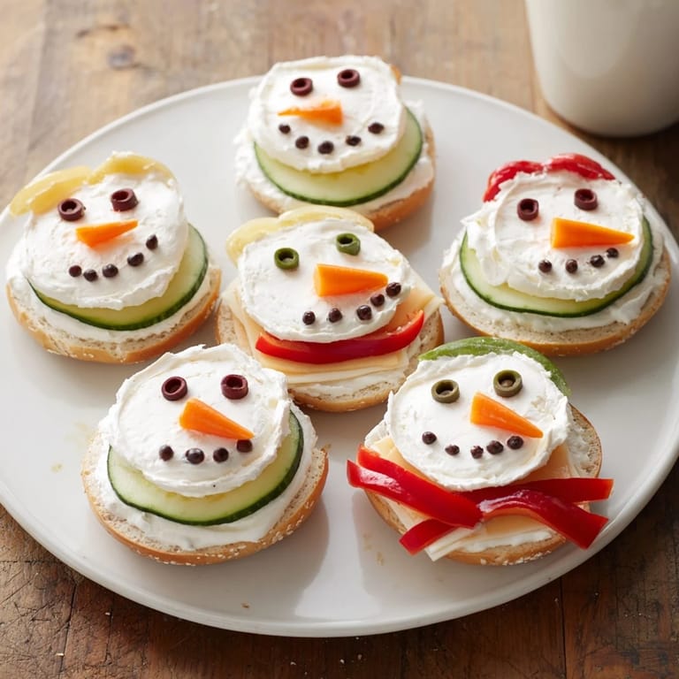 Freshly assembled snowman mini bagel sandwiches with cream cheese, inviting everyone to enjoy a delicious bite.