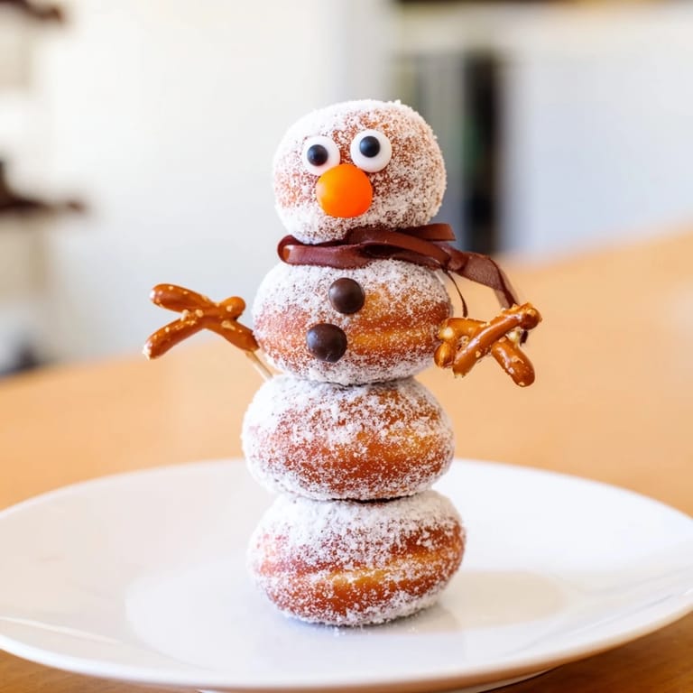 Delicious and festive mini donut snowmen, a fun treat for kids, ready to enjoy anytime.