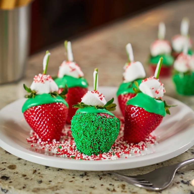 Fresh, juicy Elf Hat Chocolate Dipped Strawberries glistening, ready for a Christmas or holiday party.