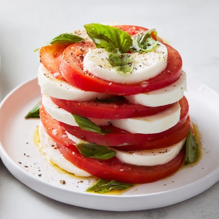 A close-up of beautifully arranged sliced tomatoes and mozzarella, perfect for a Caprese-style salad.