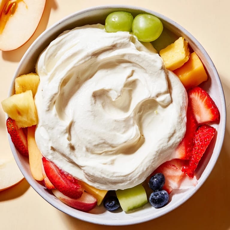 Fresh strawberries and melon alongside a bowl of homemade cream cheese fruit dip.