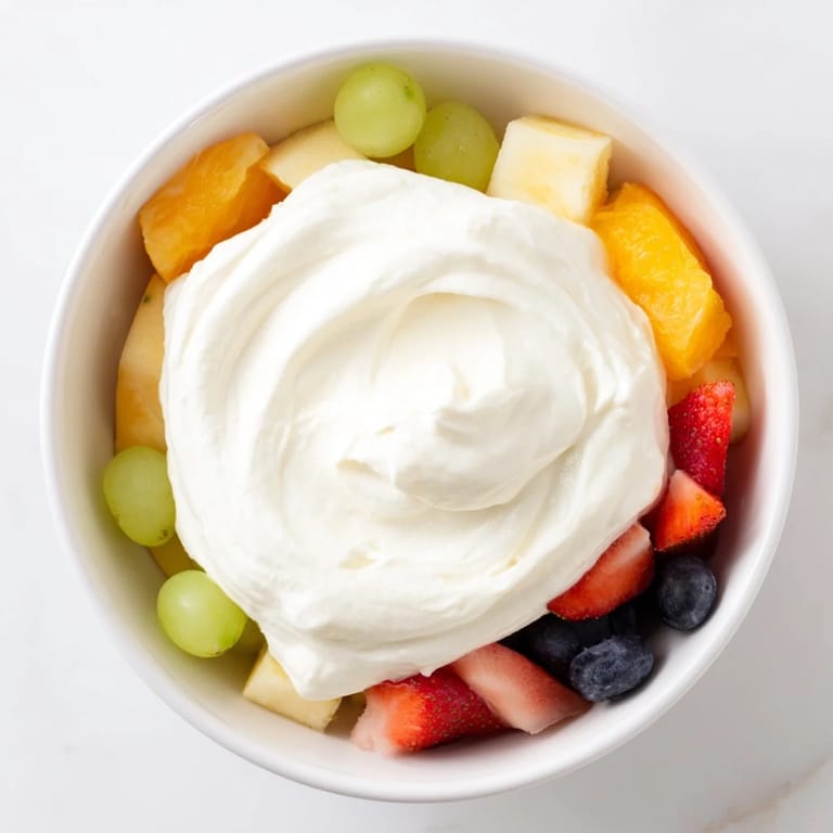 A close-up of sweet cream cheese fruit dip with a smooth texture, perfect for any gathering.