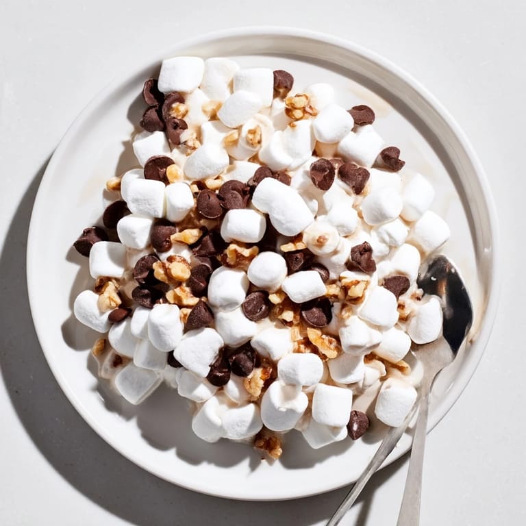Easy Quick Dessert: Chocolate Chips and Mini Marshmallows Heap, with a sprinkle of nuts, golden and glossy.