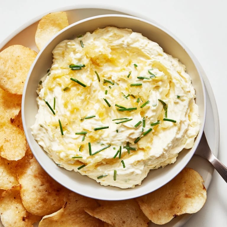 A close-up shot of homemade potato chips and rich, flavorful classic onion dip.