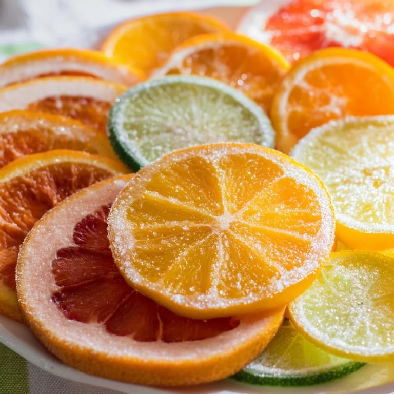 Sugared citrus slices gleaming with freshness, perfect addition to mocktails, enhancing flavors and visual appeal.
