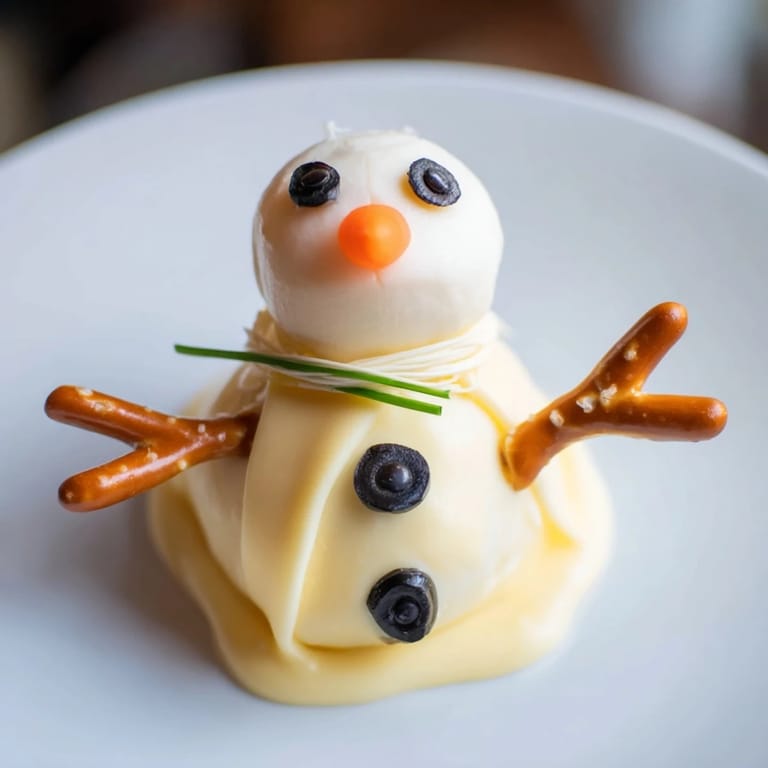 Adorable Melted Snowman Cheese Bites, ready to eat, served with crackers for dipping and sharing.