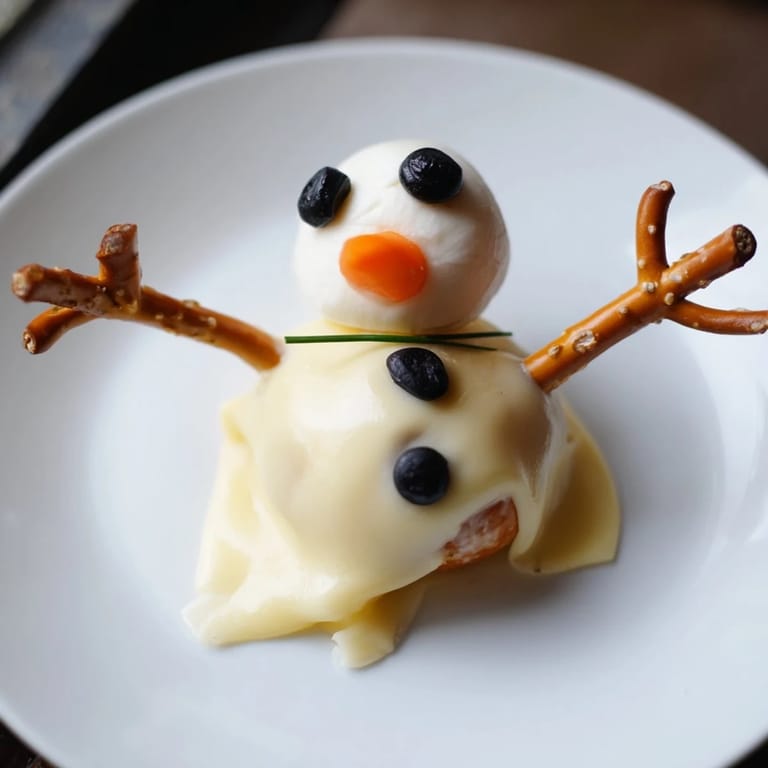 Get festive with these Melted Snowman Cheese Bites, showing cheesy "snowmen" with olive eyes.