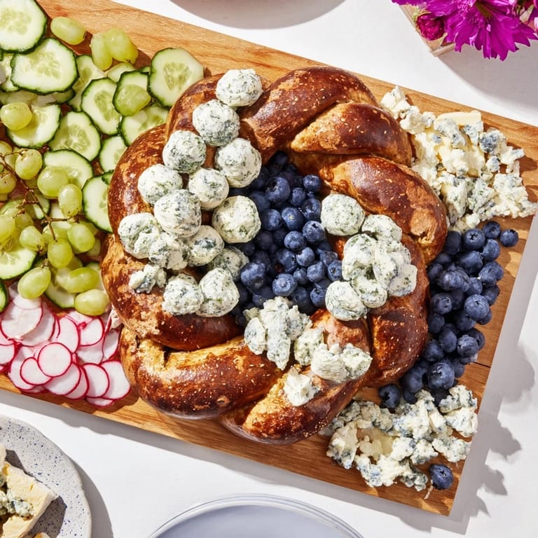 Artfully arranged Anchor Maritime Board with blue cheeses, pretzels, and fresh fruit for a party.