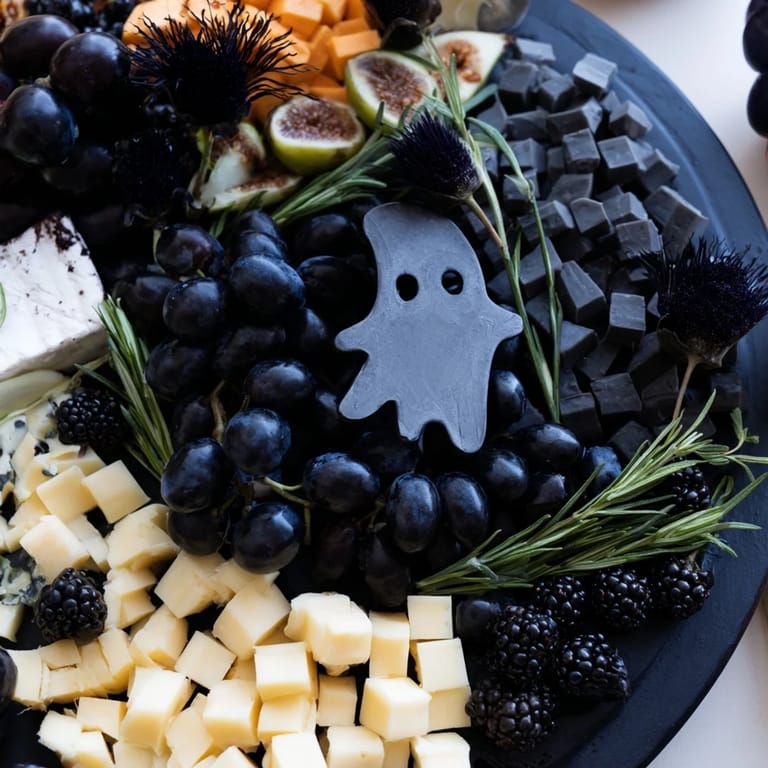 A visually striking Ghostly Outline Halloween charcuterie board, packed with assorted cheeses and fruits.