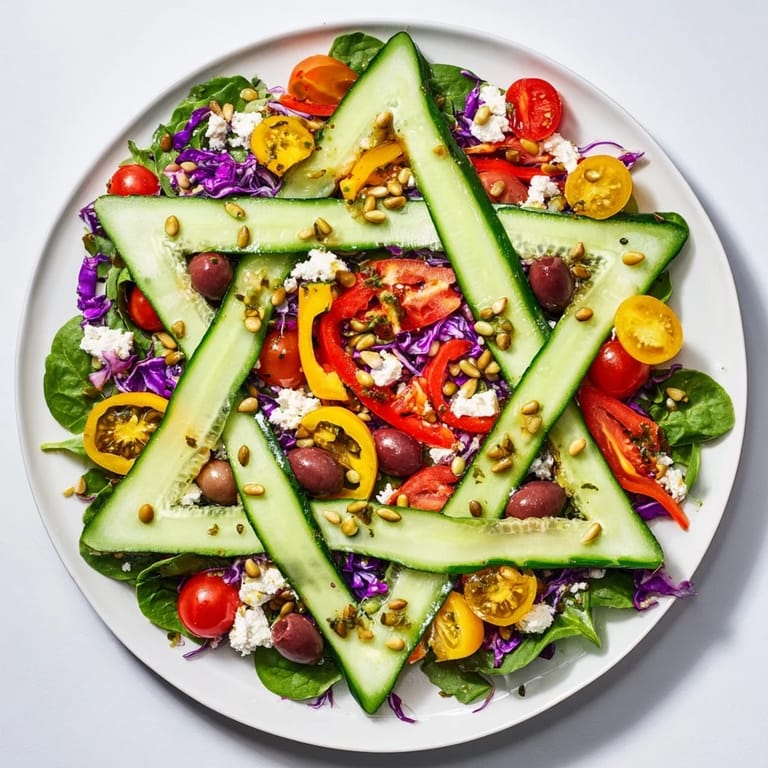 Beautiful overhead shot of Star of David Salad Platter, featuring colorful bell peppers and olives for a holiday meal.