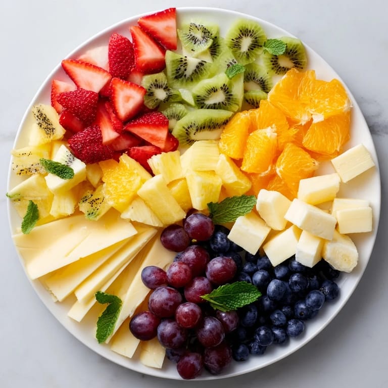 Vibrant Kaleidoscope Circle: colorful fruit and cheese platter, perfect for any gathering, smells fresh.