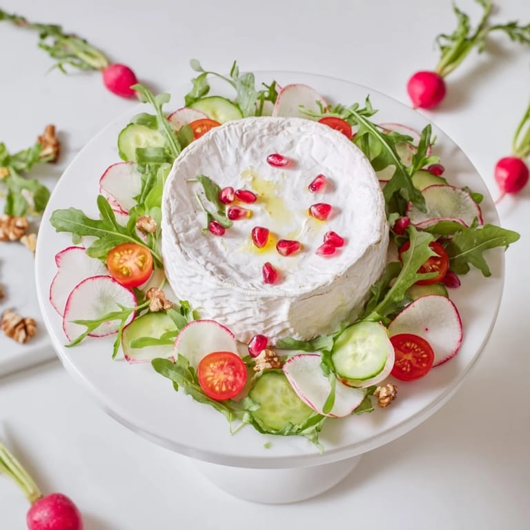 Served on a platter, "The Zenith Point" is a visually exciting salad featuring a cheese wheel centerpiece.