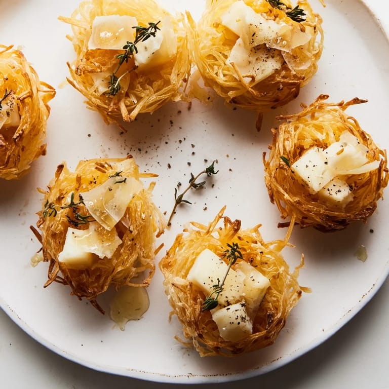 Rustic wedges of farmhouse cheddar and gouda sit atop golden phyllo nests, showcasing The Rustic Barnyard.