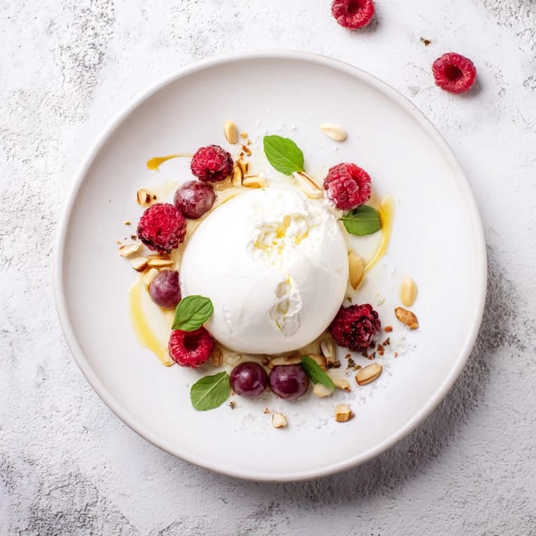 Imagine a vibrant Moonlit Lagoon salad: fresh fruit circles creamy burrata, a perfect summer appetizer.