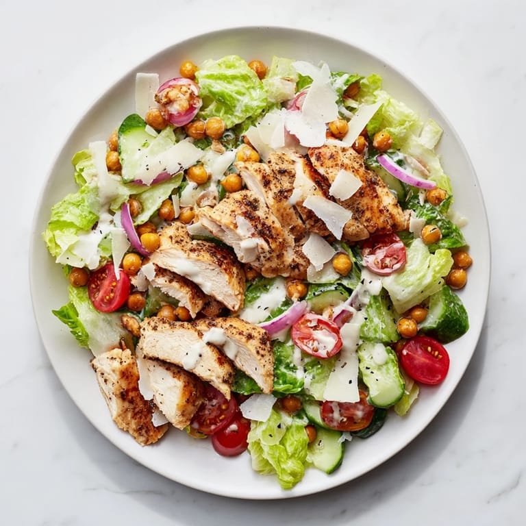 This satisfying Chicken Caesar Pasta-less Bowl features juicy grilled chicken and a creamy Parmesan dressing.