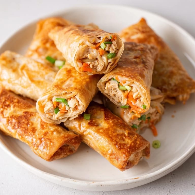 Air-fried chicken lumpia bites, showing the satisfyingly crunchy exterior and served with dipping sauce.