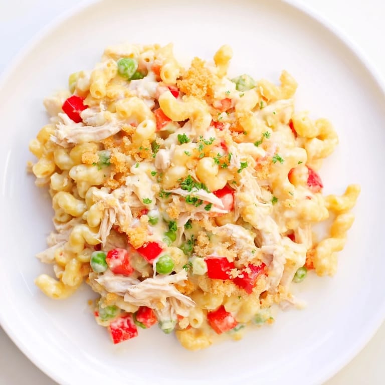 Visual feast of baked Southern Chicken Macaroni, featuring tender chicken and vibrant vegetables.