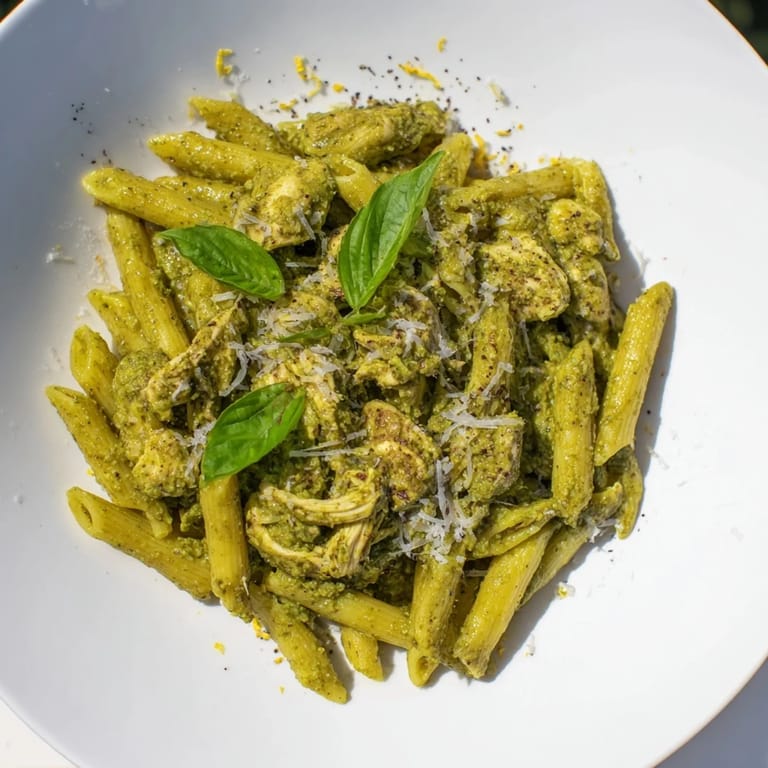Creamy 10-Minute Pesto Pasta with Chicken, featuring tender chicken pieces and a vibrant pesto sauce.