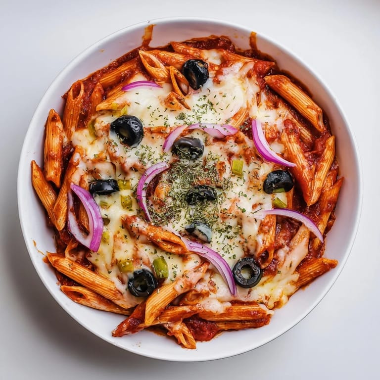 Vibrant photo of One-Pot Pizza Pasta Express, loaded with pepperoni, olives, and bubbling mozzarella cheese.