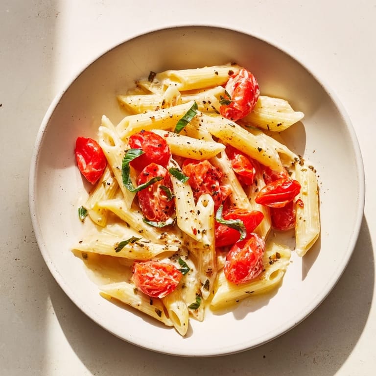 A close-up of Boursin cheese pasta, showing the melted cheese sauce encompassing the pasta.