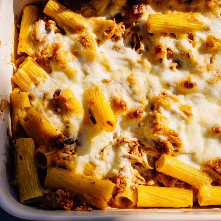 This photo shows the Moist Maker Pasta Casserole, with a rich gravy layer and melted cheese on top.
