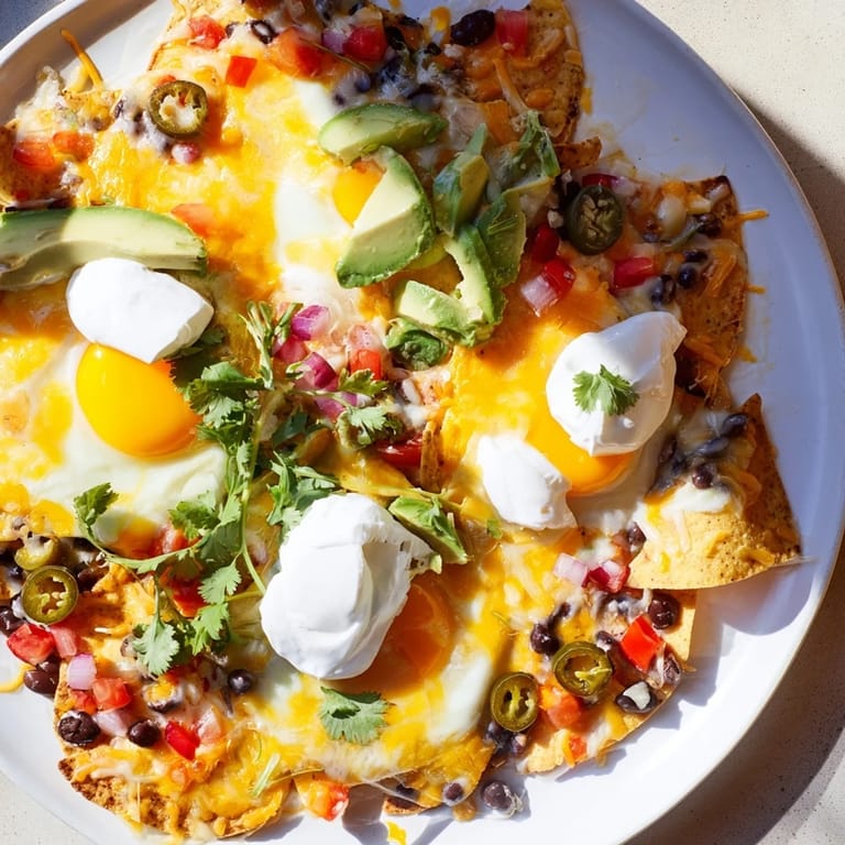 Imagine the flavors of these cheesy Egg-Topped Breakfast Nachos, a morning fiesta with fresh toppings.