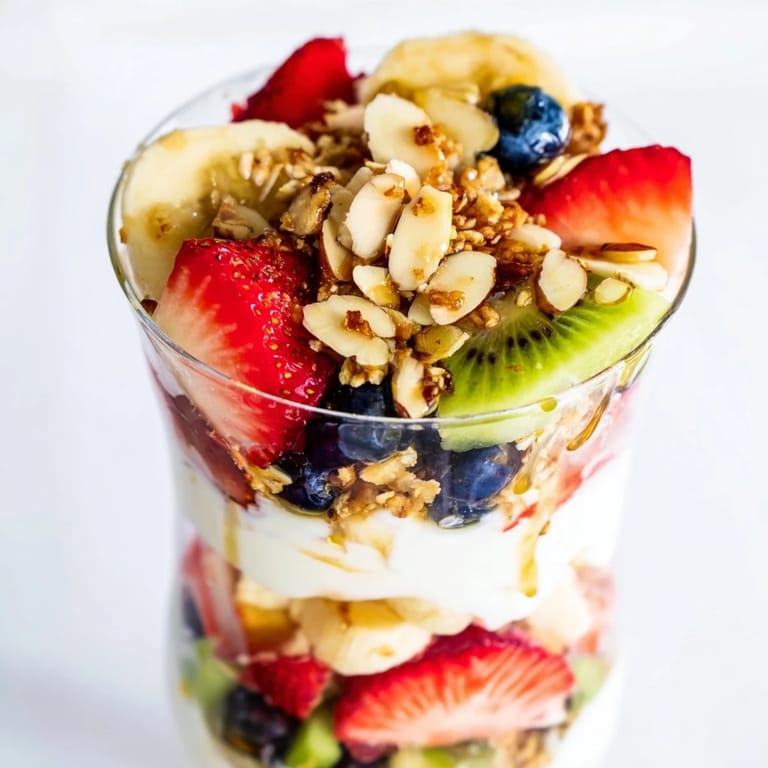 A delightful Layered Yogurt Fruit Parfait featuring creamy yogurt, vibrant fruit, and crispy granola provides a healthy start.