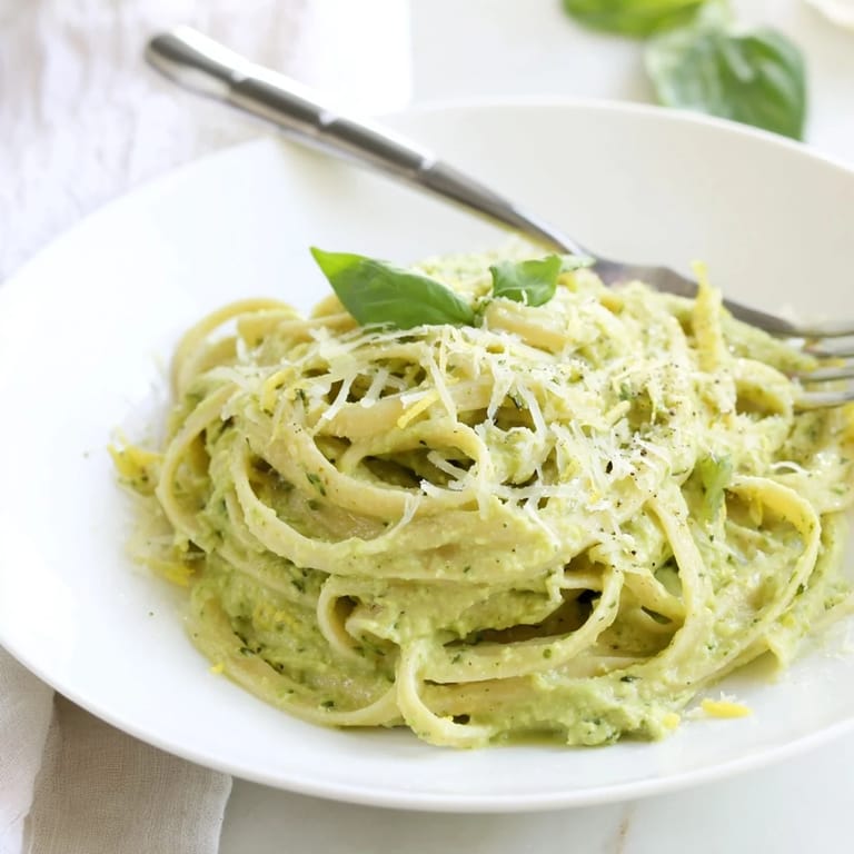Freshly made Creamy Avocado Pasta with basil and Parmesan, promising a burst of delicious flavors.