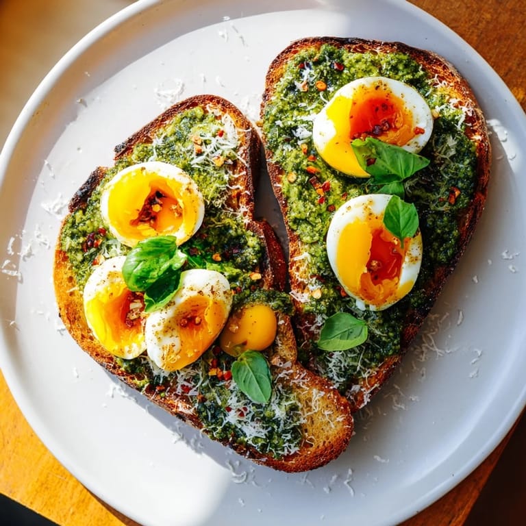 Freshly made Pesto Egg Toast with a beautiful drizzle of olive oil, ready to be enjoyed.