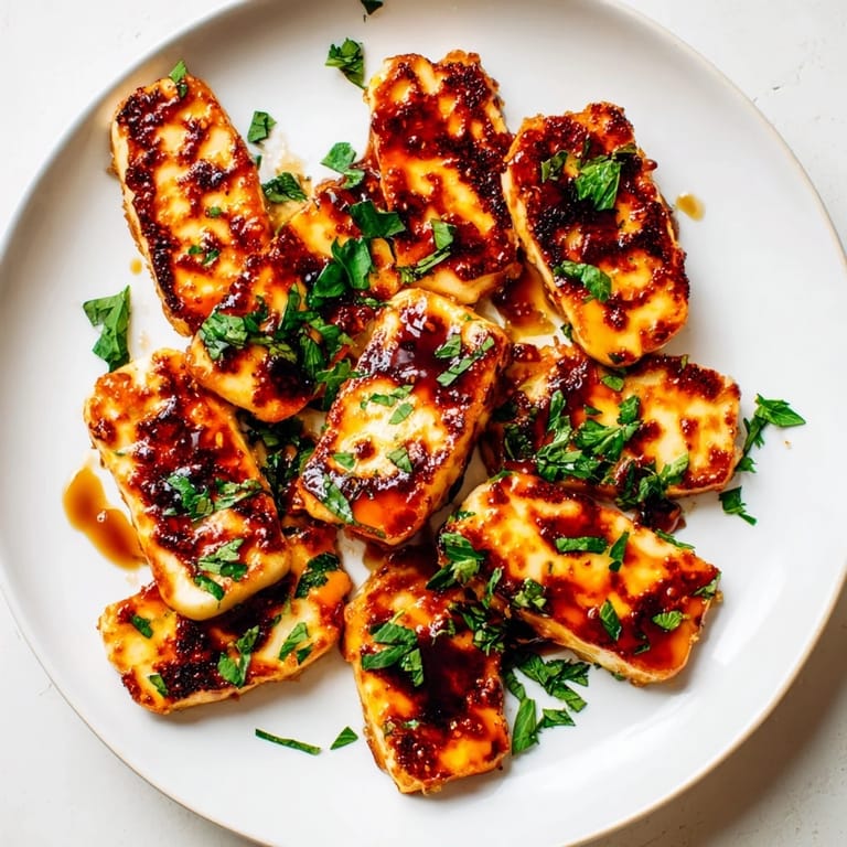 Delicious close-up of sizzling, hot pan-fried Hot Honey Halloumi ready to be enjoyed.
