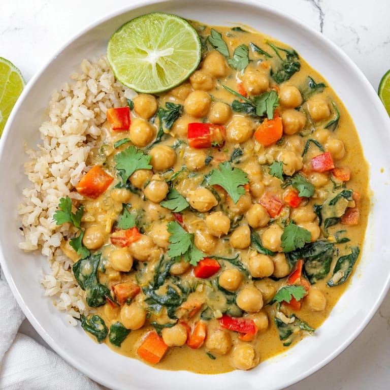A warm bowl of one-pot chickpea curry, filled with tender chickpeas and vegetables.