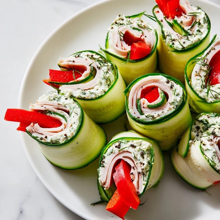 Close-up photo of Cucumber Roll-Ups; the rolled cucumber bright green, highlighting fresh ingredients perfect for a quick appetizer.