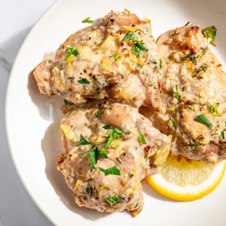 Juicy Greek yogurt chicken, served with fresh parsley and lemon wedges for a bright flavor.