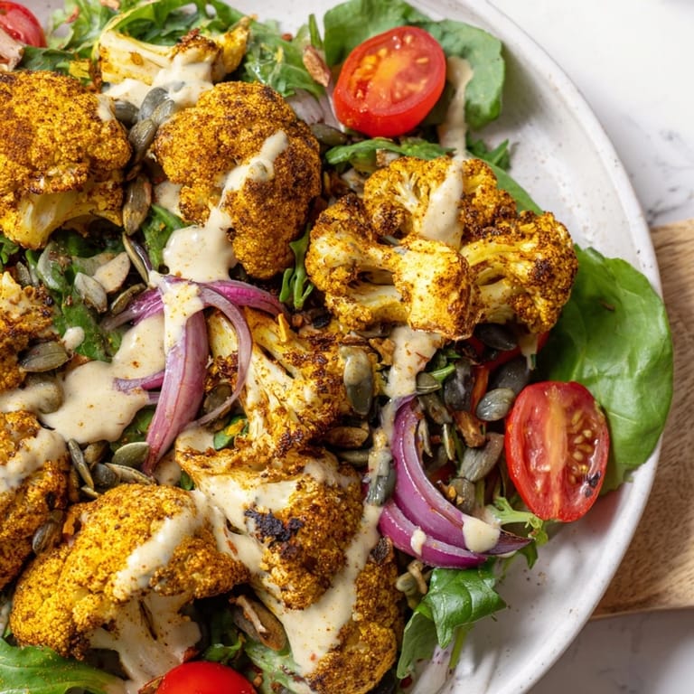 A close-up shows the creamy tahini sauce drizzled over fresh ingredients of the Crispy Cauliflower Salad.