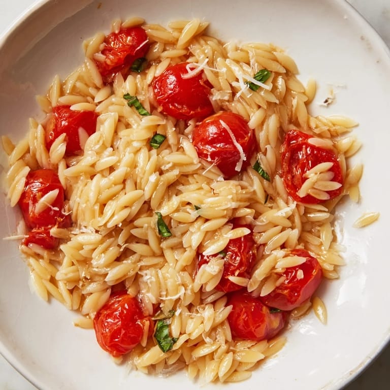 Golden orzo tomato Parmesan, glistening with olive oil and topped with fresh basil, ready to serve.