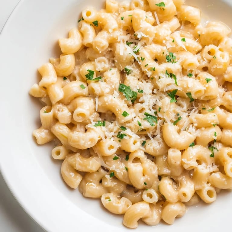 A steaming bowl of ditalini pasta in rich, creamy garlic sauce from above; garnish visible.
