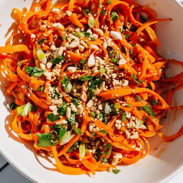 Mouthwatering image of Spicy Carrot Salad, a colorful, vegan-friendly side dish, ready to serve and enjoy.