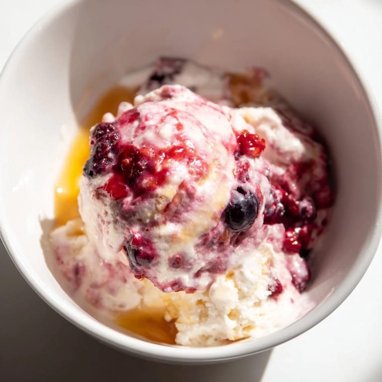 A bowl of homemade Cottage Cheese Ice Cream, thick and blended with berries, a delicious low-sugar dessert.