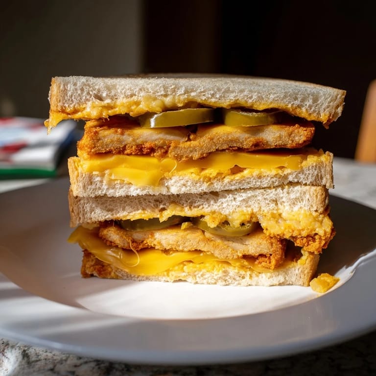 Perfectly toasted sourdough with a spicy crispy tofu grilled cheese filling, a vegan feast.
