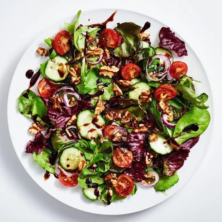A close-up of a Quick Balsamic Vinegar Salad, showcasing the fresh greens and balsamic glaze's richness.