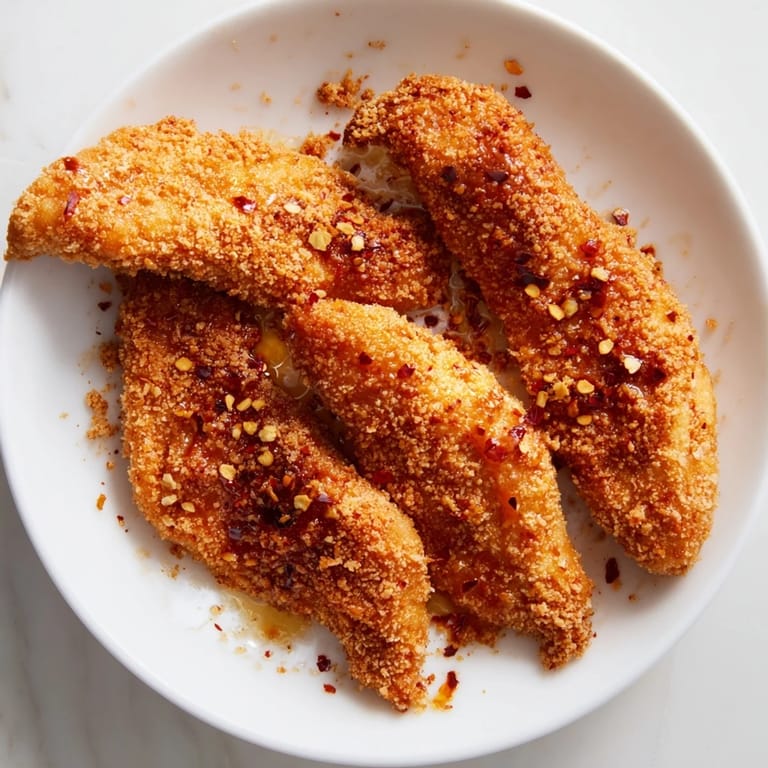 Air-fried crispy panko chicken tenders, served with hot honey, evoking a delicious crunch.
