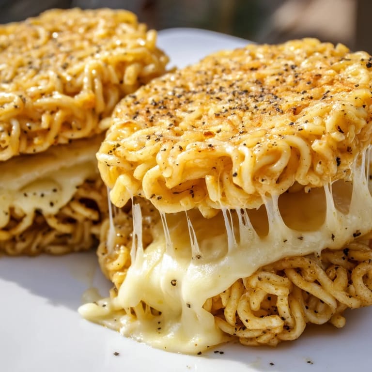 Perfectly browned Ramen Grilled Cheese, offering a delightful fusion of textures and flavors.