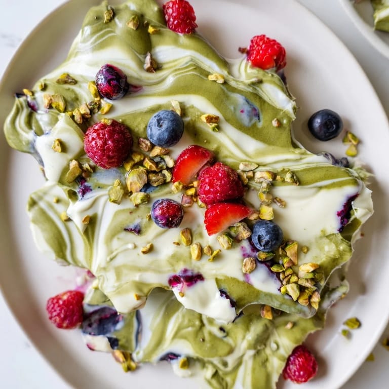 Chunks of refreshing Frozen Yogurt Bark, a healthy dessert topped with fresh berries and pistachios.