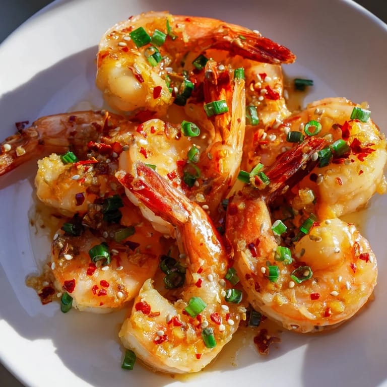 Plump, glistening Korean Garlic Butter Shrimp, a delightful main dish with vibrant green scallions.