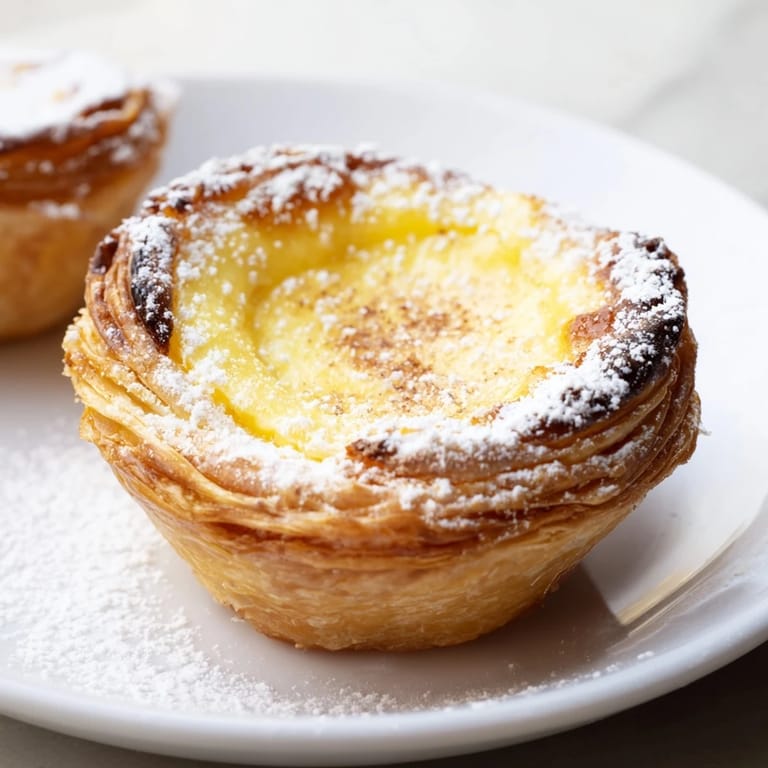 Freshly baked Portuguese egg tarts, visually appealing with a light, golden brown hue.