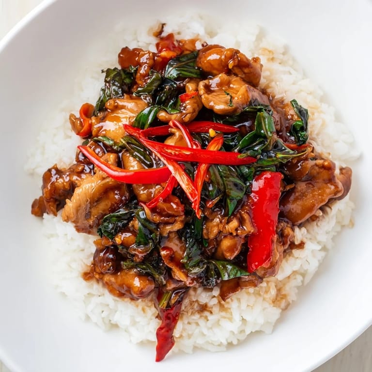 Stir-fried chicken and vegetables in a savory sauce, beautifully served in Thai Basil Chicken Bowls.