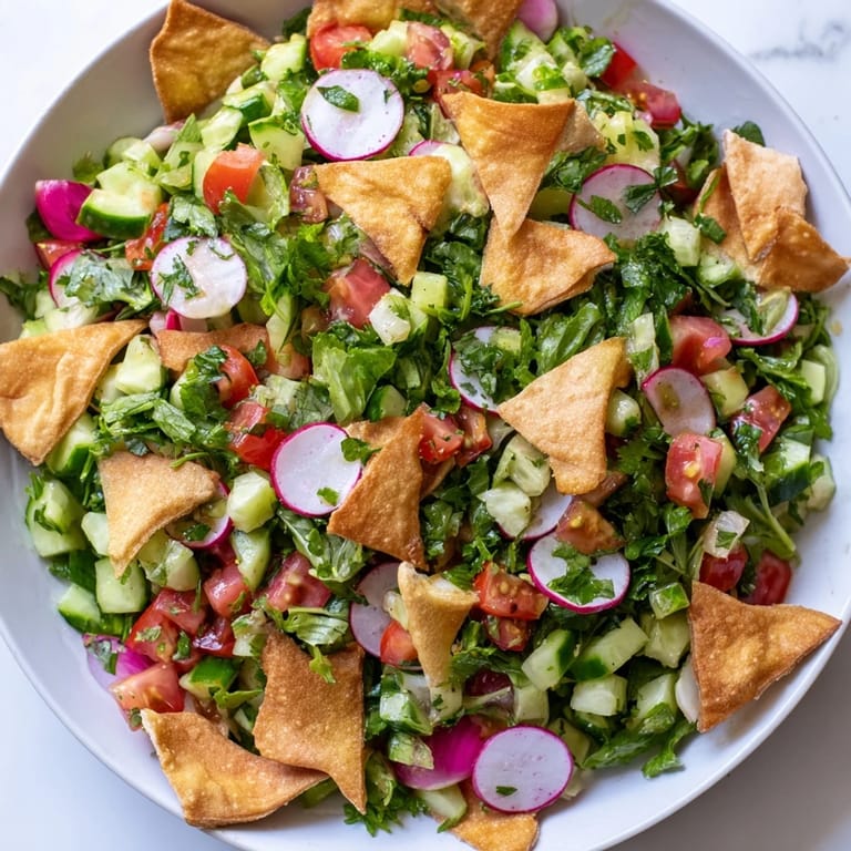 Fresh Lebanese Fattoush Salad, featuring vibrant colors of a summer garden with a tangy dressing.
