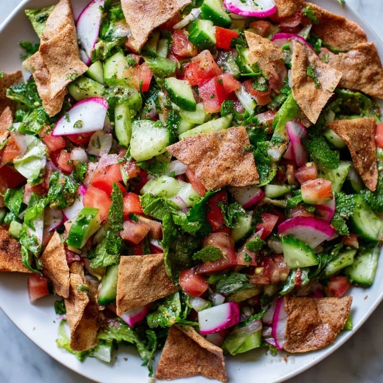 Golden, baked pita chips top the refreshing Lebanese Fattoush Salad, promising a delightful crunch.